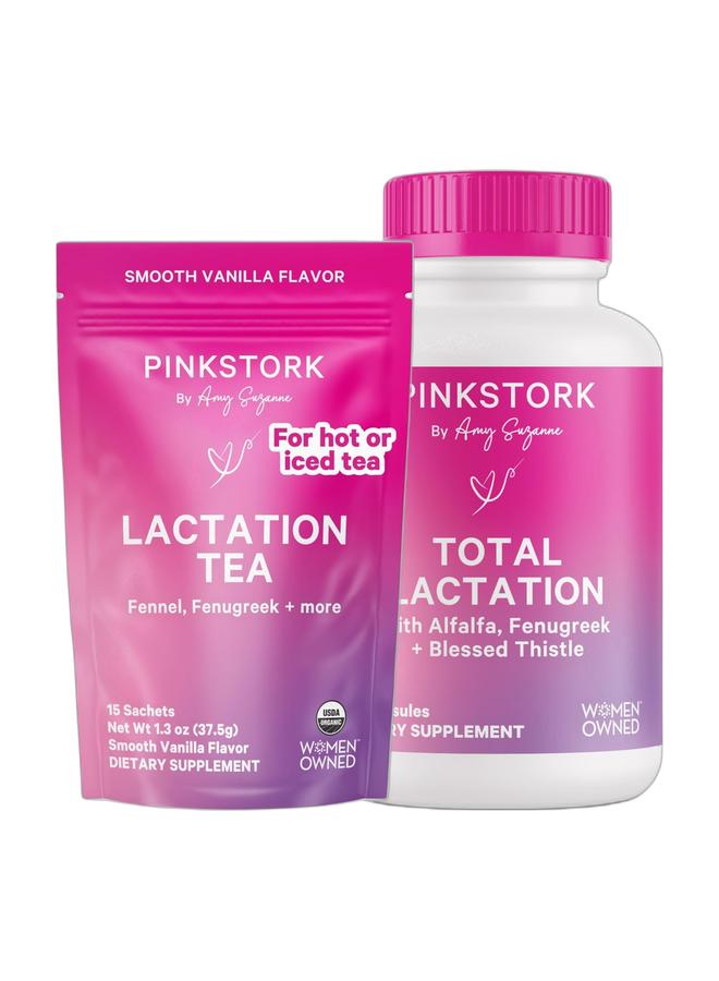 Pink Stork حزمة دعم الرضاعة - شاي الرضاعة العضوي + مكمل الرضاعة الكلي لزيادة إمداد الحليب وتدفقه، حزمة من 2 - Image 1